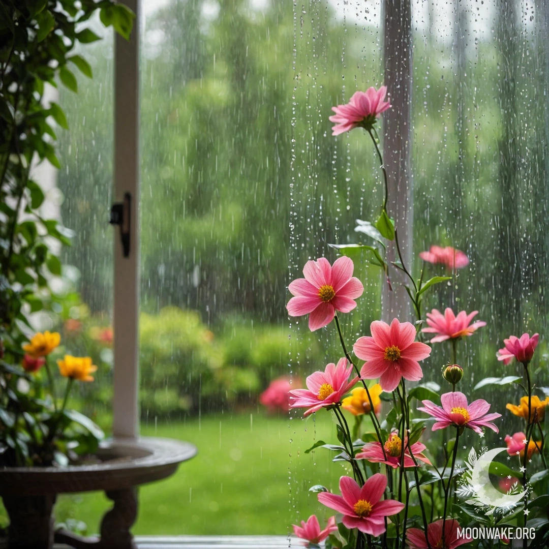 Крупный план цветной занавески с цветочным принтом, за которой сквозь окно виден размытый цветущий сад под дождем.