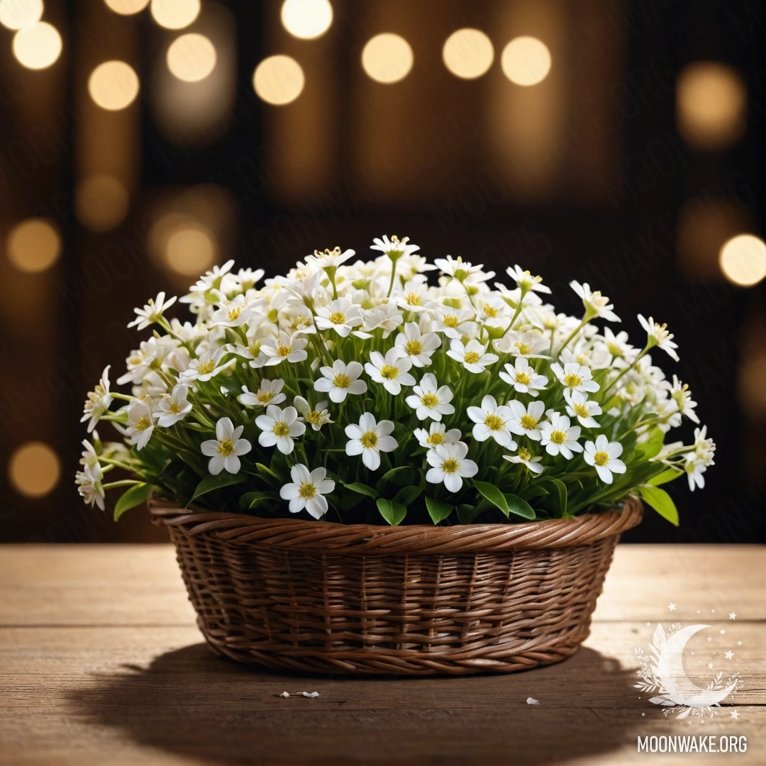 Корзина, наполненная маленькими белыми цветами на деревянном столе ночью.