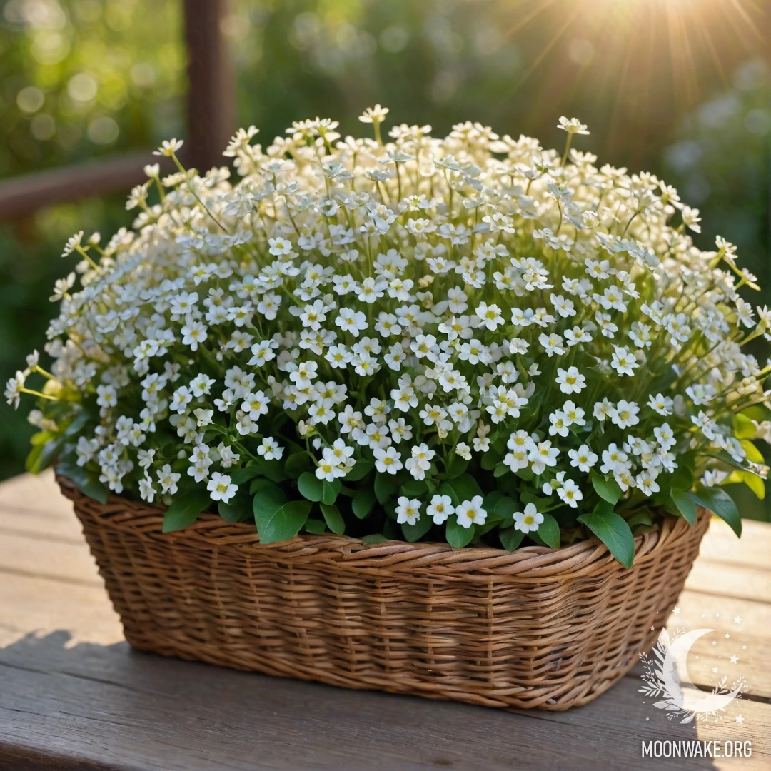 Уютная корзина, наполненная маленькими белыми цветами, освещенная солнечными лучами.