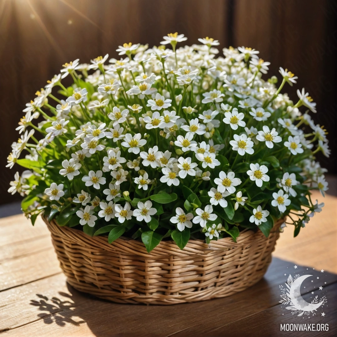 Уютная корзина, наполненная маленькими белыми цветами, стоит на деревянном столе, освещённая солнечными лучами.