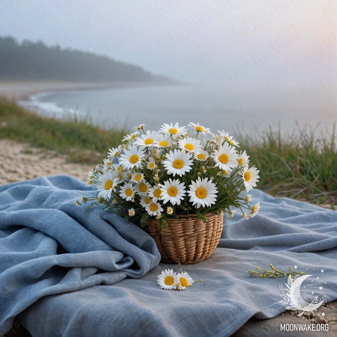 Уютная обстановка на песчаном пляже на закате, в которой есть соломенная сумка с синей скатертью и букетом полевых ромашек, окруженная густым туманом и морем.