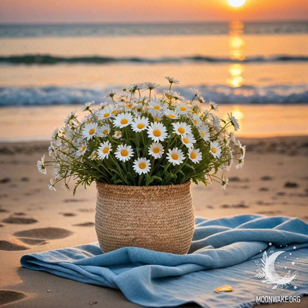 Соломенная сумка с синей скатертью и букетом ромашек на песчаном пляже на закате, на фоне моря и гирлянды огней.