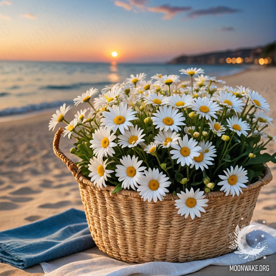 Уютная сцена на песчаном пляже на закате, на которой изображена соломенная сумка с голубой скатертью и ромашками, фон — море ночью.