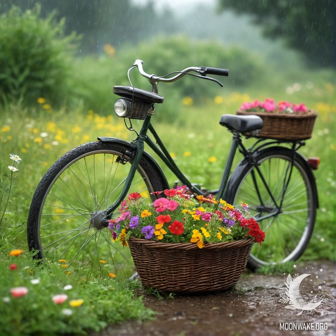 Велосипед с корзиной цветов стоит в травяном поле под дождём.