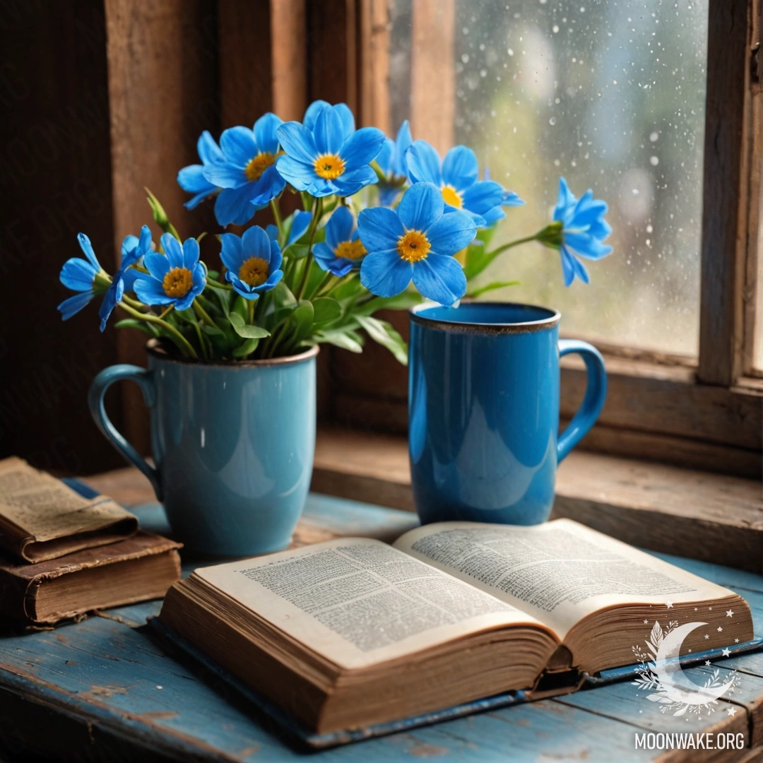 Синяя книга на деревянном подоконнике с синей металлической кружкой, наполненной цветами, изображенная в фотореалистичном стиле.