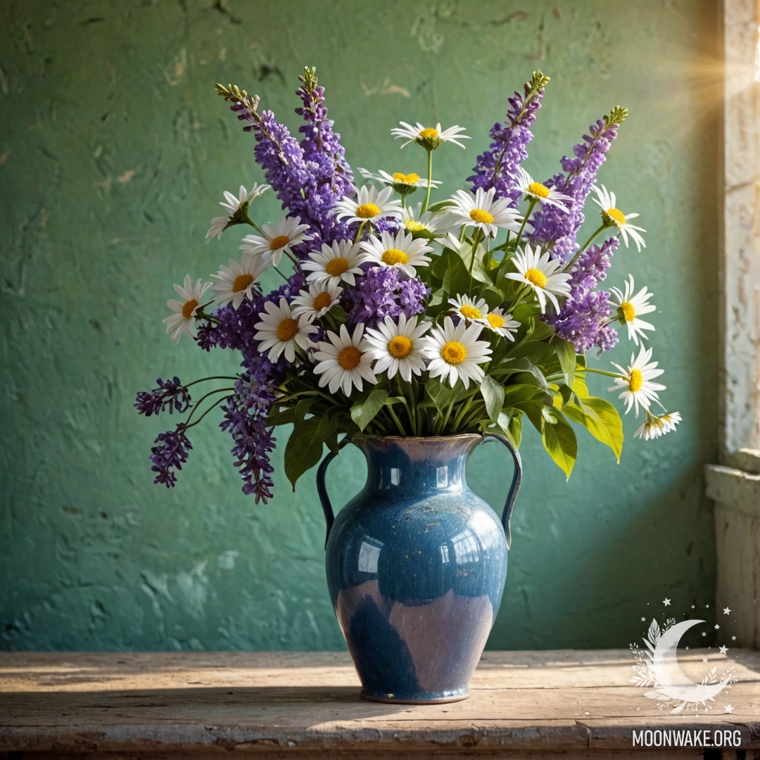 Потрепанная металлическая синяя ваза, наполненная ромашками и сиренью, на фоне зелено-синей стены, залитой солнечными лучами.