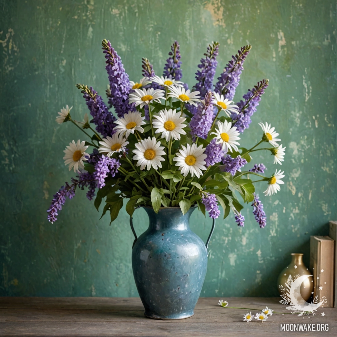 Потертая синяя ваза, наполненная ромашками и сиренью, на фоне ветхой зеленой стены, освещенной гирляндой огней.