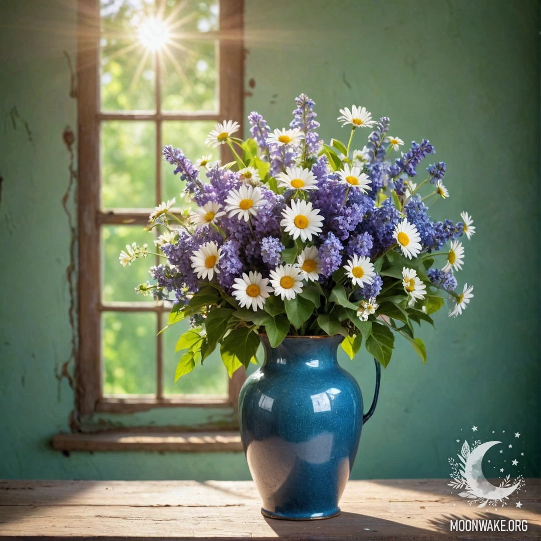 Старая синяя металлическая ваза, наполненная ромашками и сиренью, на фоне зеленоватой стены, освещенной солнечными лучами.