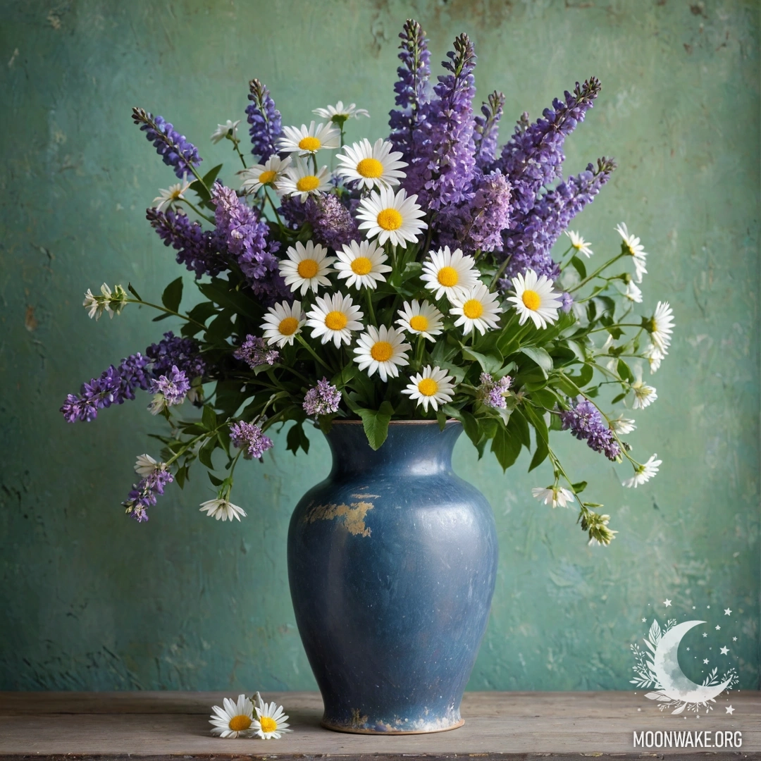 Старомодная голубая ваза, наполненная белыми ромашками и сиренью на фоне зеленоватой стены.