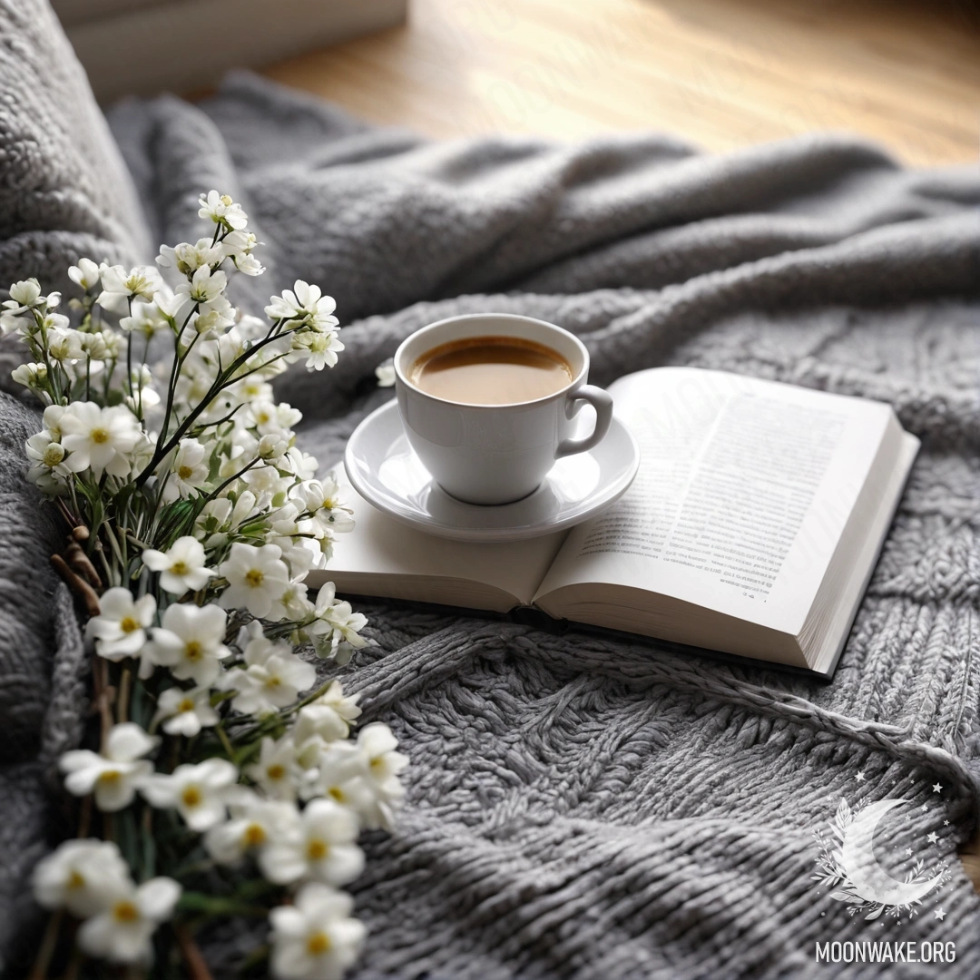 Крупный план белого стула с серым вязаным пледом, книгой, веточкой с белыми цветами и белой чашкой кофе, залитого солнечными лучами.
