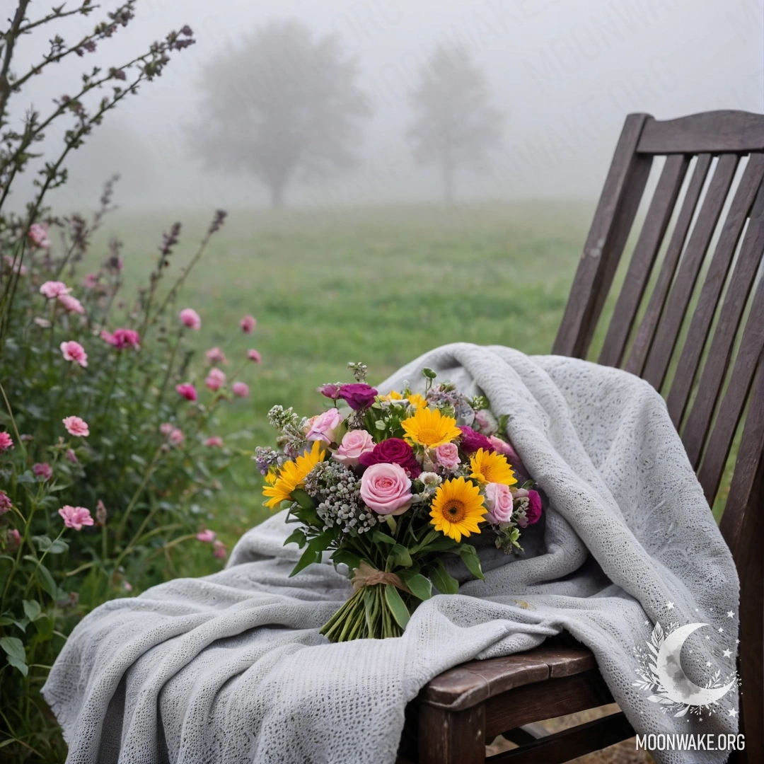 Уютное кресло, накрытое пледом и украшенное букетом цветов, на фоне облупленной стены в густом тумане.