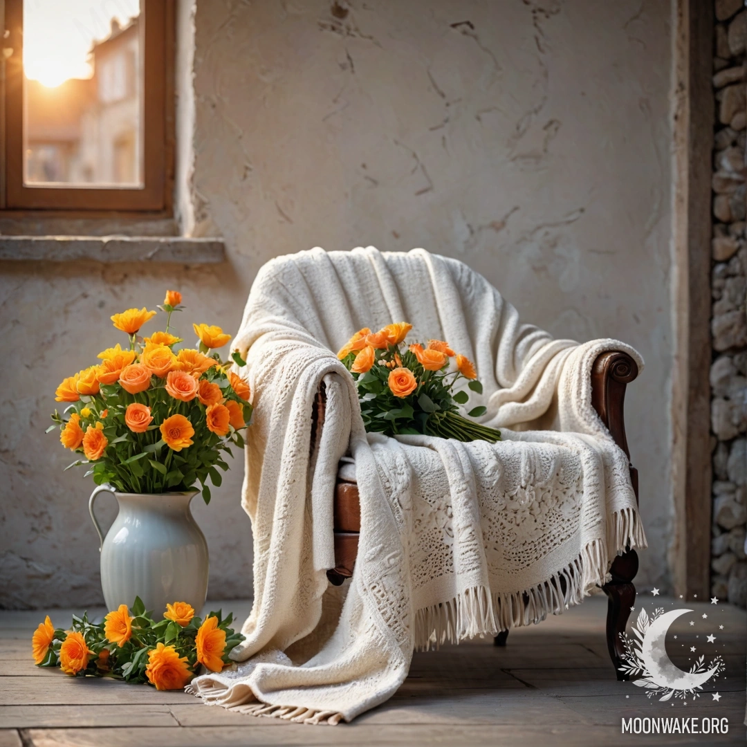 Уютное кресло с пледом и букетом цветов, расположенное на фоне обшарпанной стены на закате.