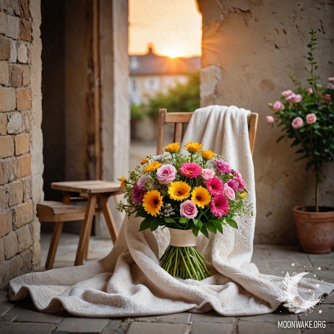 Уютное кресло на фоне обветшалой стены, на пледе лежат цветы на закате.