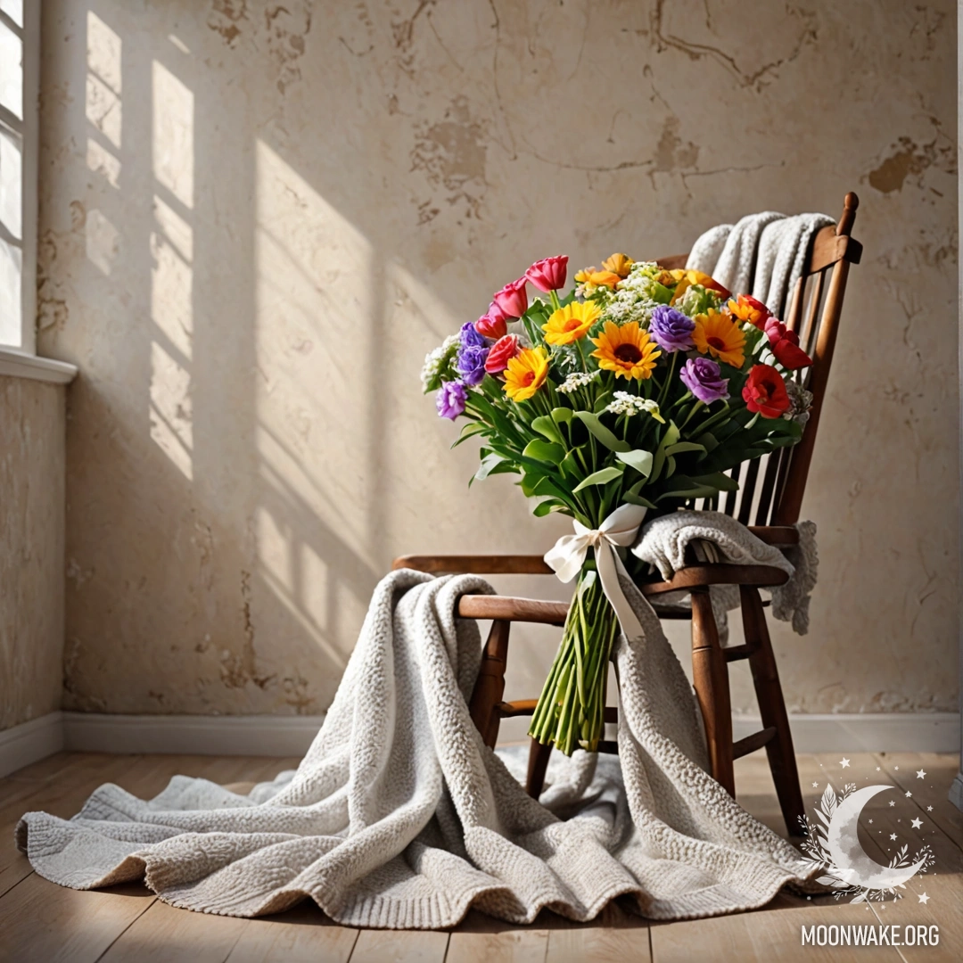 Уютное кресло с пледом и букетом цветов на нем на фоне облезлой стены.