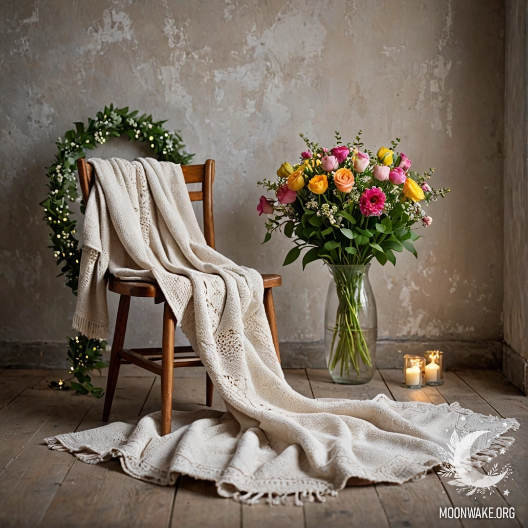 Уютное кресло у обветшавшей стены, на котором лежит плед и букет цветов, освещенный гирляндой.