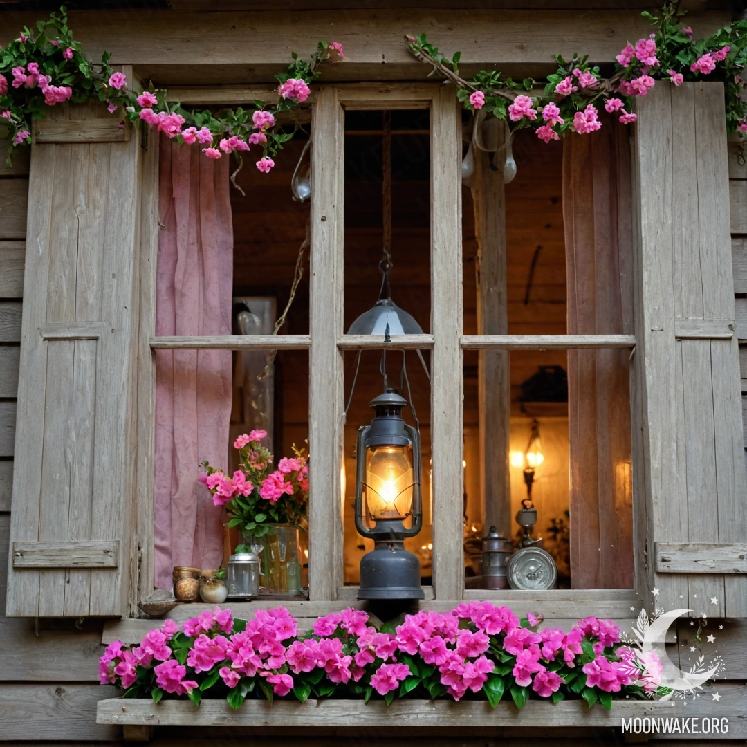 Уютное кресло с пледом и букетом цветов, украшенных гирляндой, на фоне потрепанной стены.