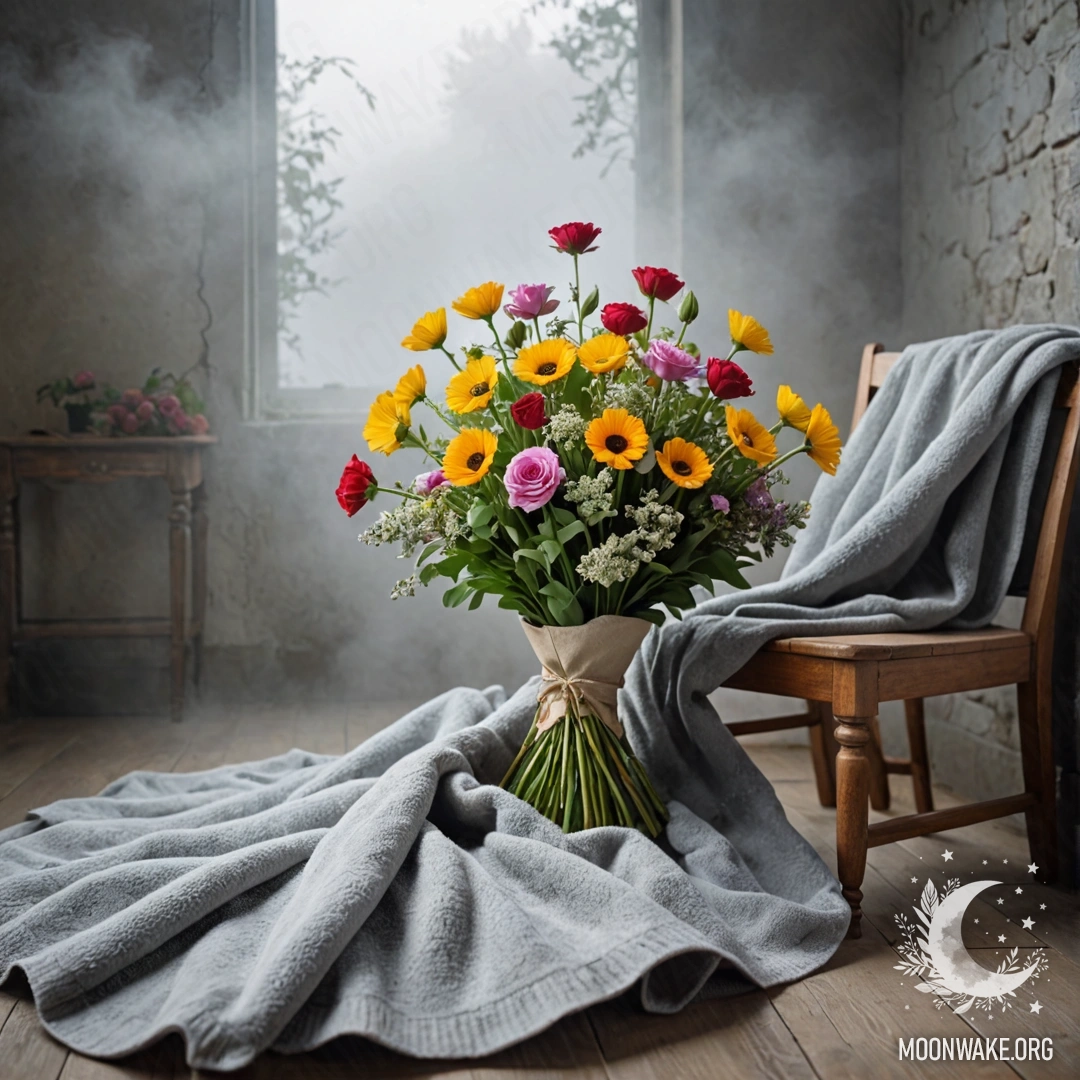 Уютное кресло с покрывалом, украшенное букетом цветов, на фоне потрёпанной стены в густом тумане.