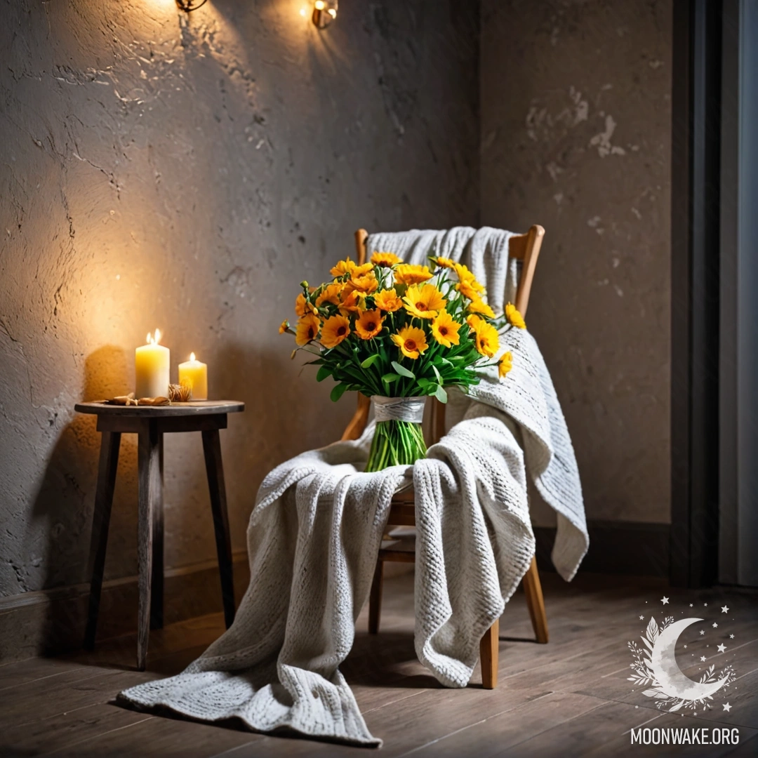 Кресло с пледом и букетом цветов на фоне обветшавшей стены ночью.