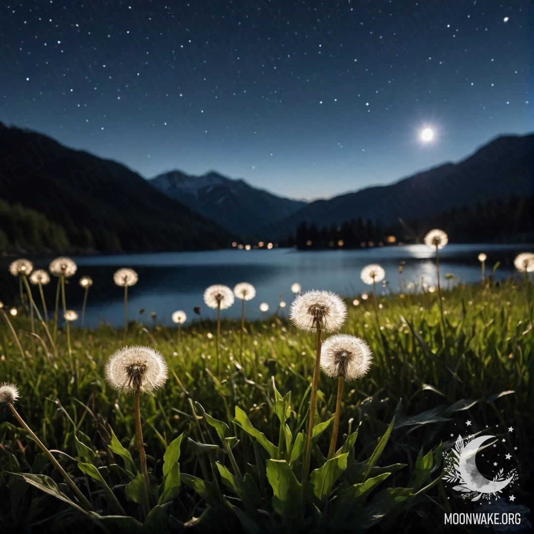 Крупный план одуванчиков в уютном поле с размытым фоном горного озера ночью.