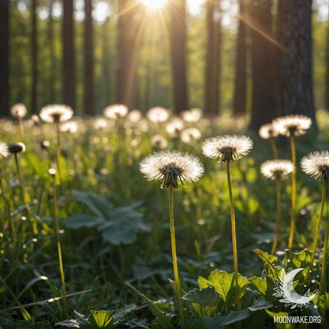 Крупный план дуванчиков на солнечном поле с размытым лесным фоном.