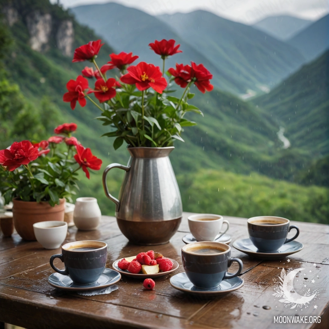 Спокойный деревянный стол с банкой красных цветов, кофейником и чашками, на фоне гор под дождем.