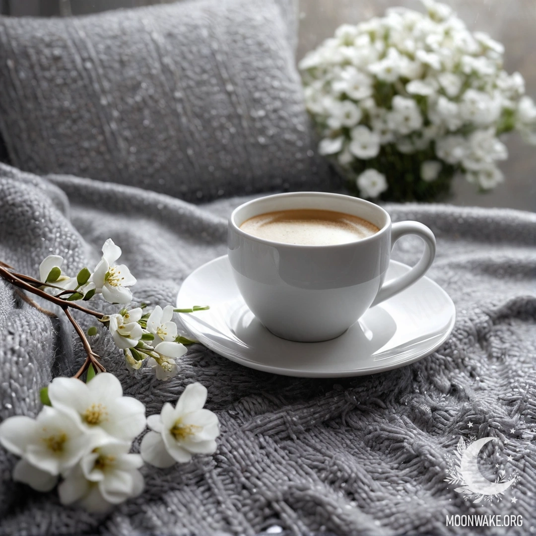 Крупный план белого стула с серым вязаным пледом, книгой, веточкой с белыми цветами и белой чашкой кофе под дождем.