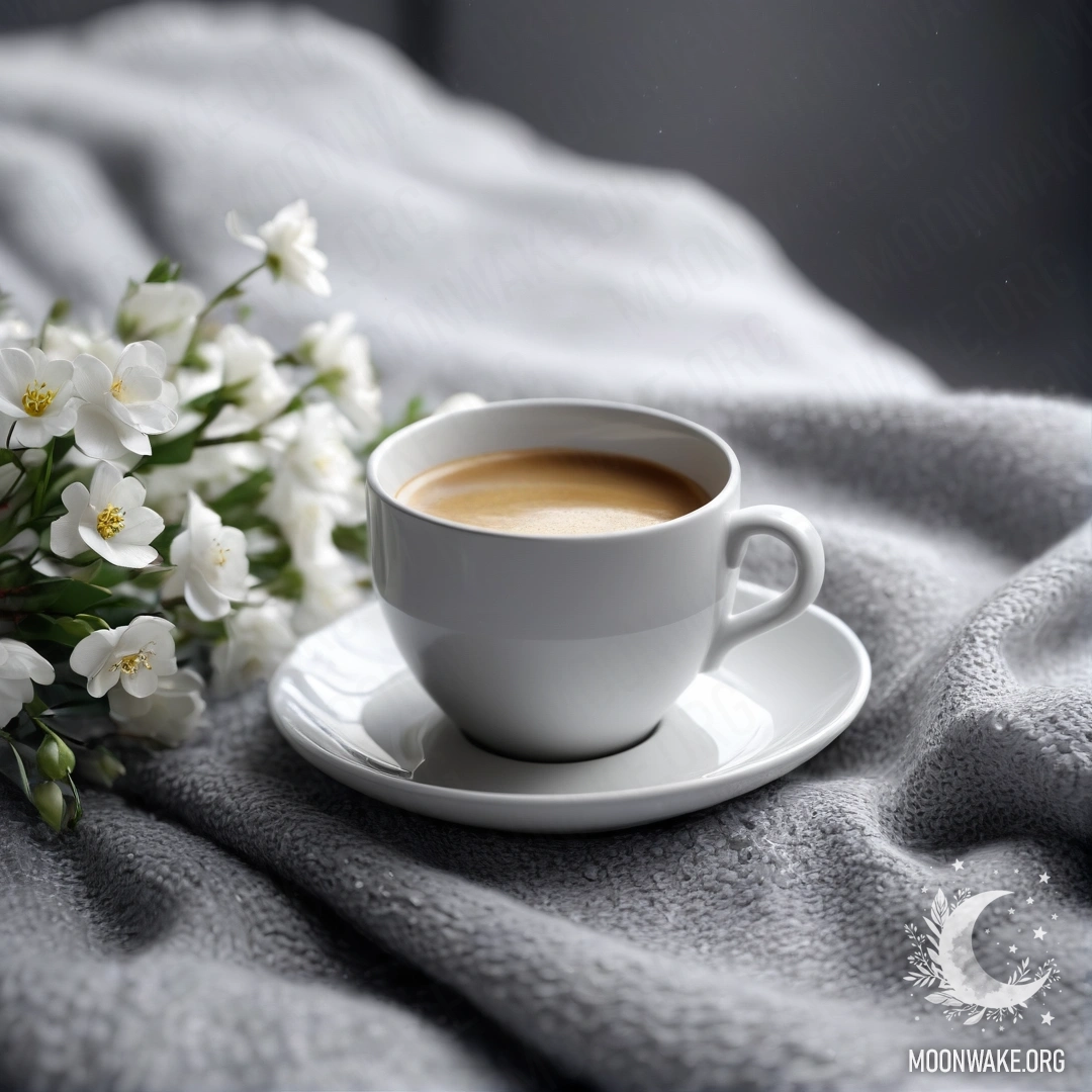 Крупный план красивого белого кресла с серым вязаным пледом, книгой, веточкой с белыми цветами и чашкой кофе под дождём.