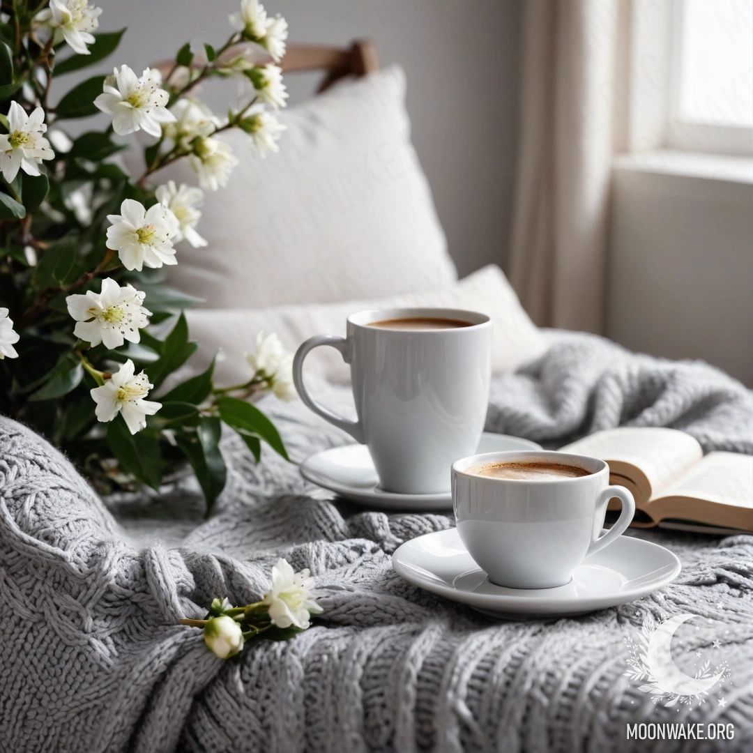 Крупный план милого белого стула, на котором лежит серый вязаный плед, книга, ветка с белыми цветами и белая чашка кофе, окруженная теплым светом гирлянды.