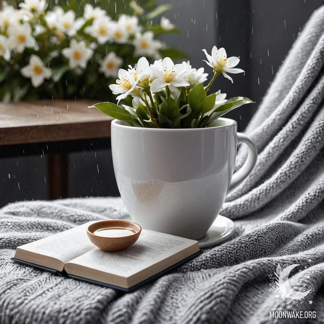 Крупный план белого стула, украшенного серым вязаным пледом, книгой, веткой с белыми цветами и белой чашкой кофе, на фоне дождя.