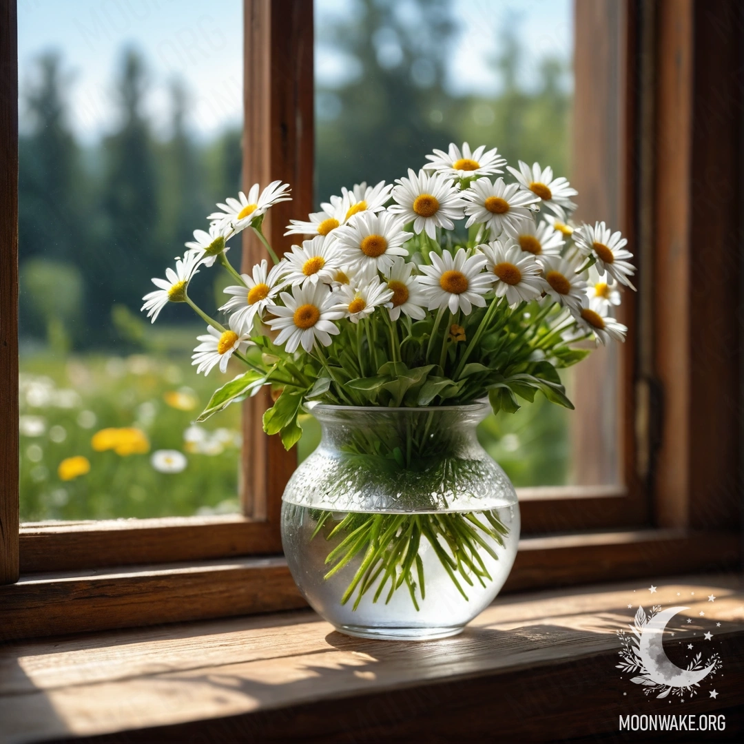 Стеклянная ваза с ромашками на деревянном винтажном подоконнике, освещенная солнечными лучами.