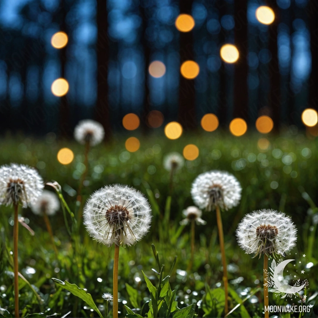 Крупный план одуванчиков на фоне мягкого боке леса ночью.