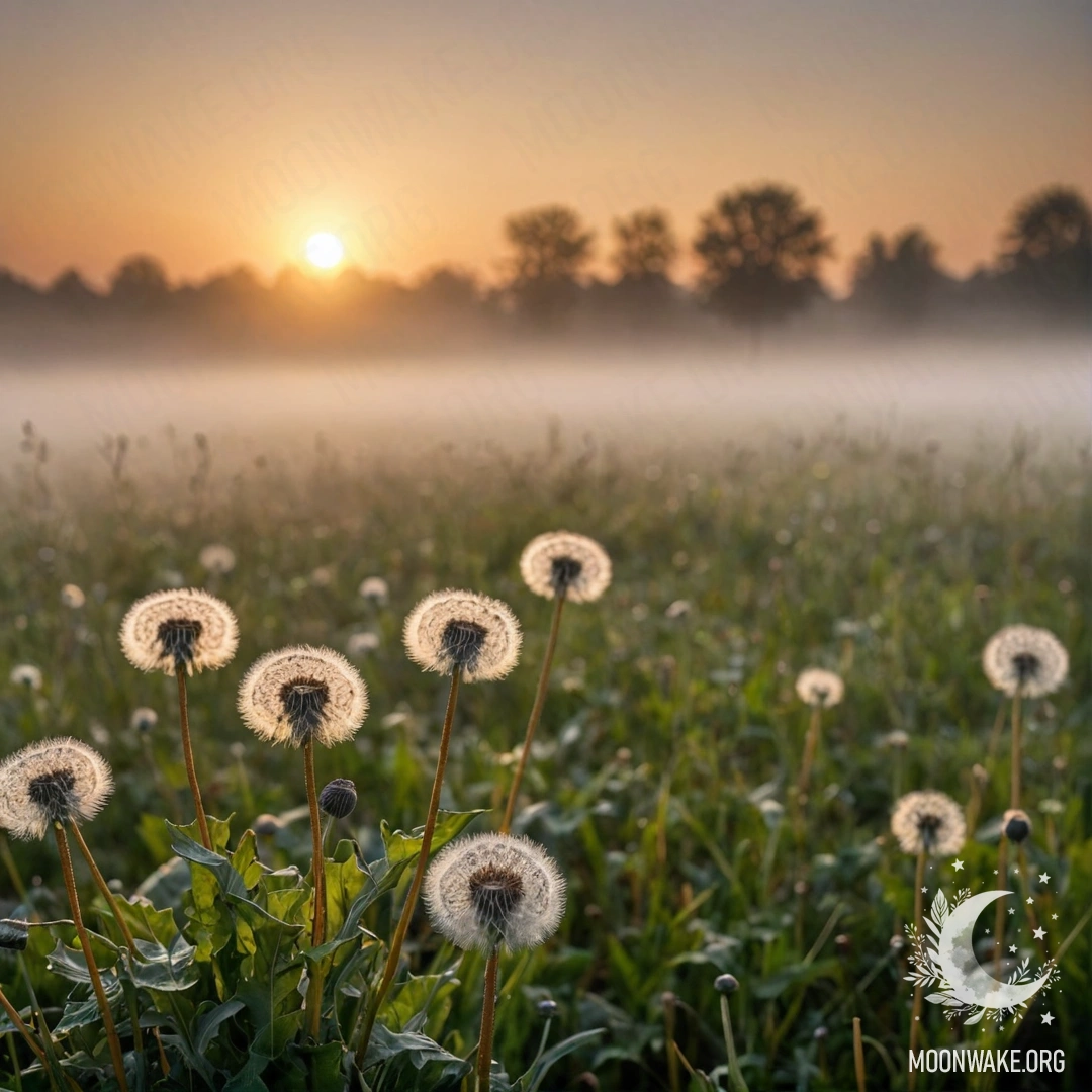 Крупный план одуванчиков на туманном поле на закате, с эффектом боке.