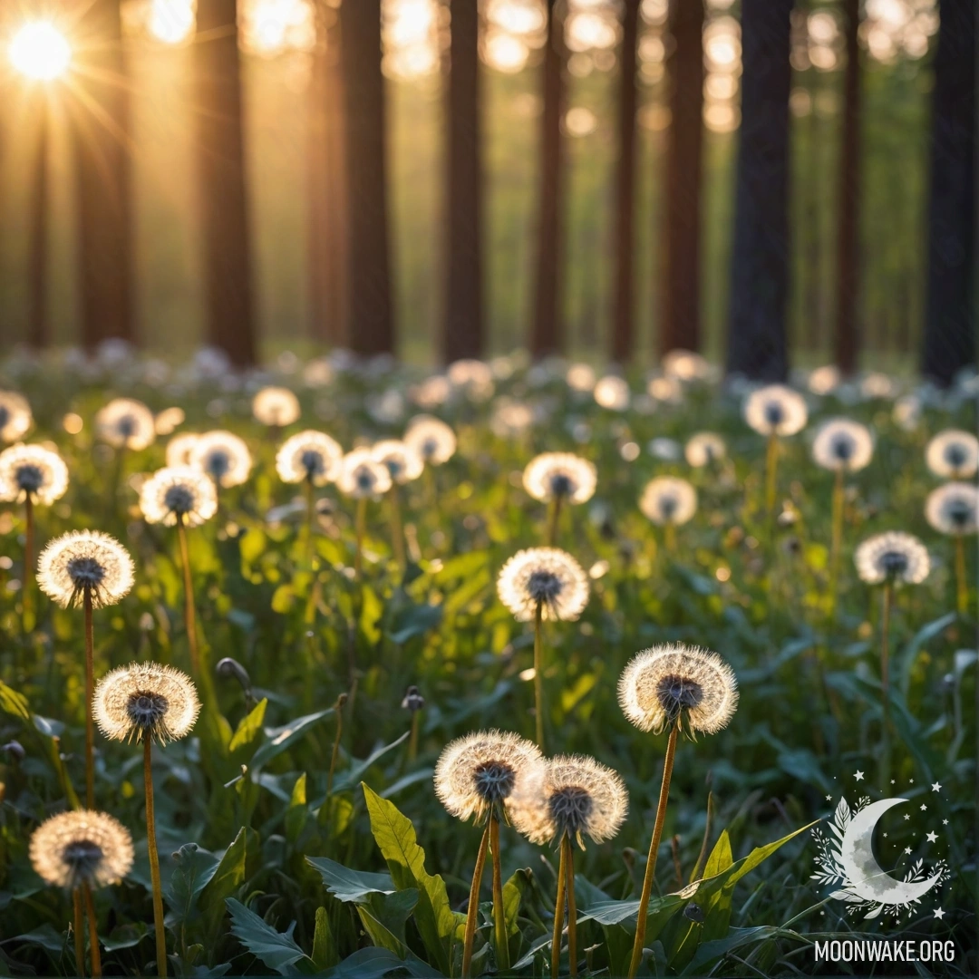 Крупный план одуванчиков на уютном поле с размытым лесным фоном и солнечными лучами на закате.