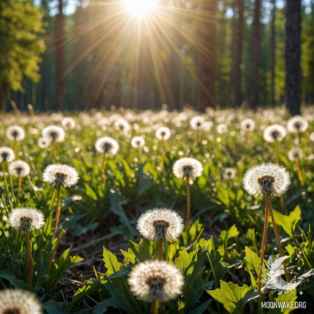 Крупный план одуванчиков на уютном поле с размытой задней стороной леса и солнечными лучами, пробивающимися сквозь деревья.