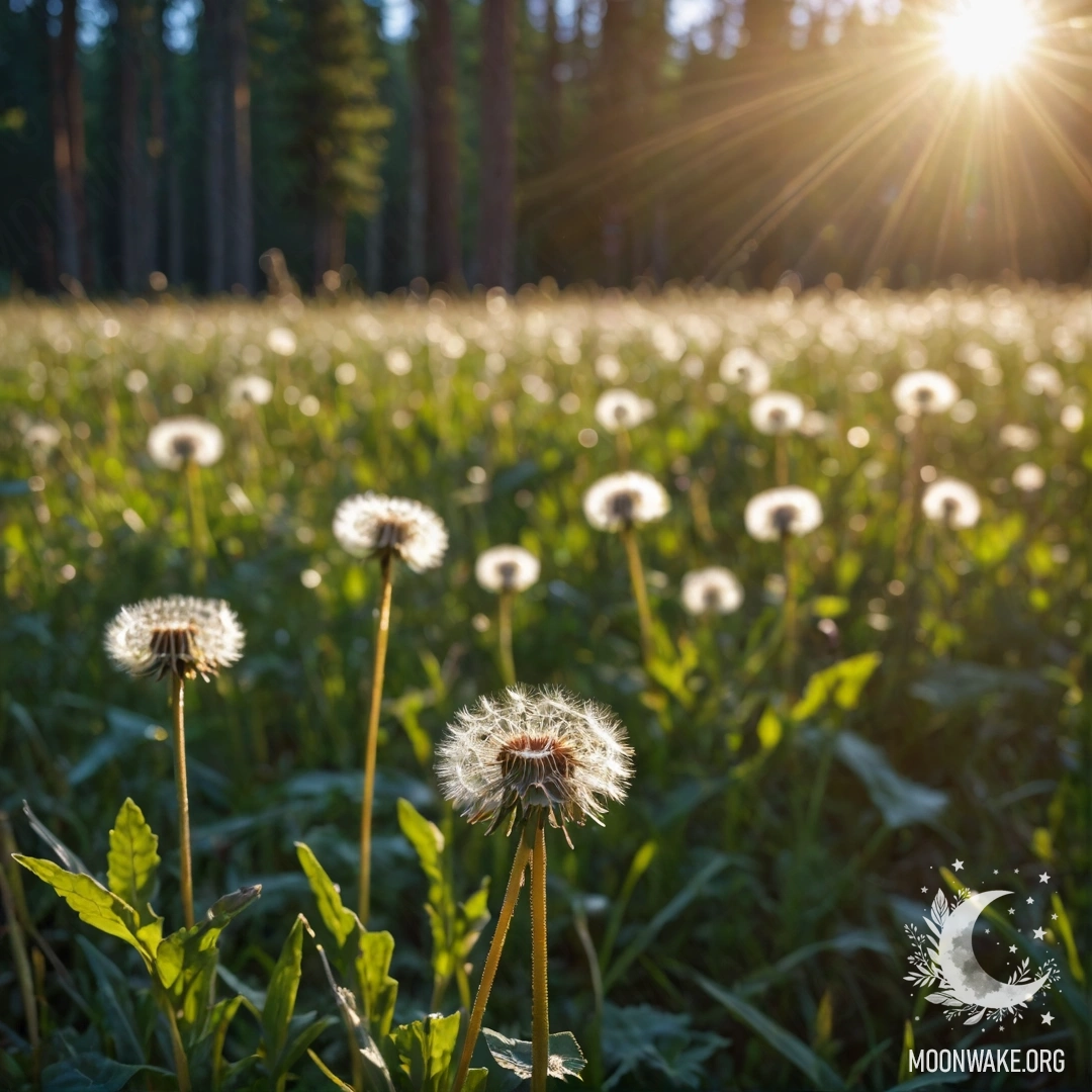 Крупный план одуванов на уютном поле с лесом на фоне в боке.