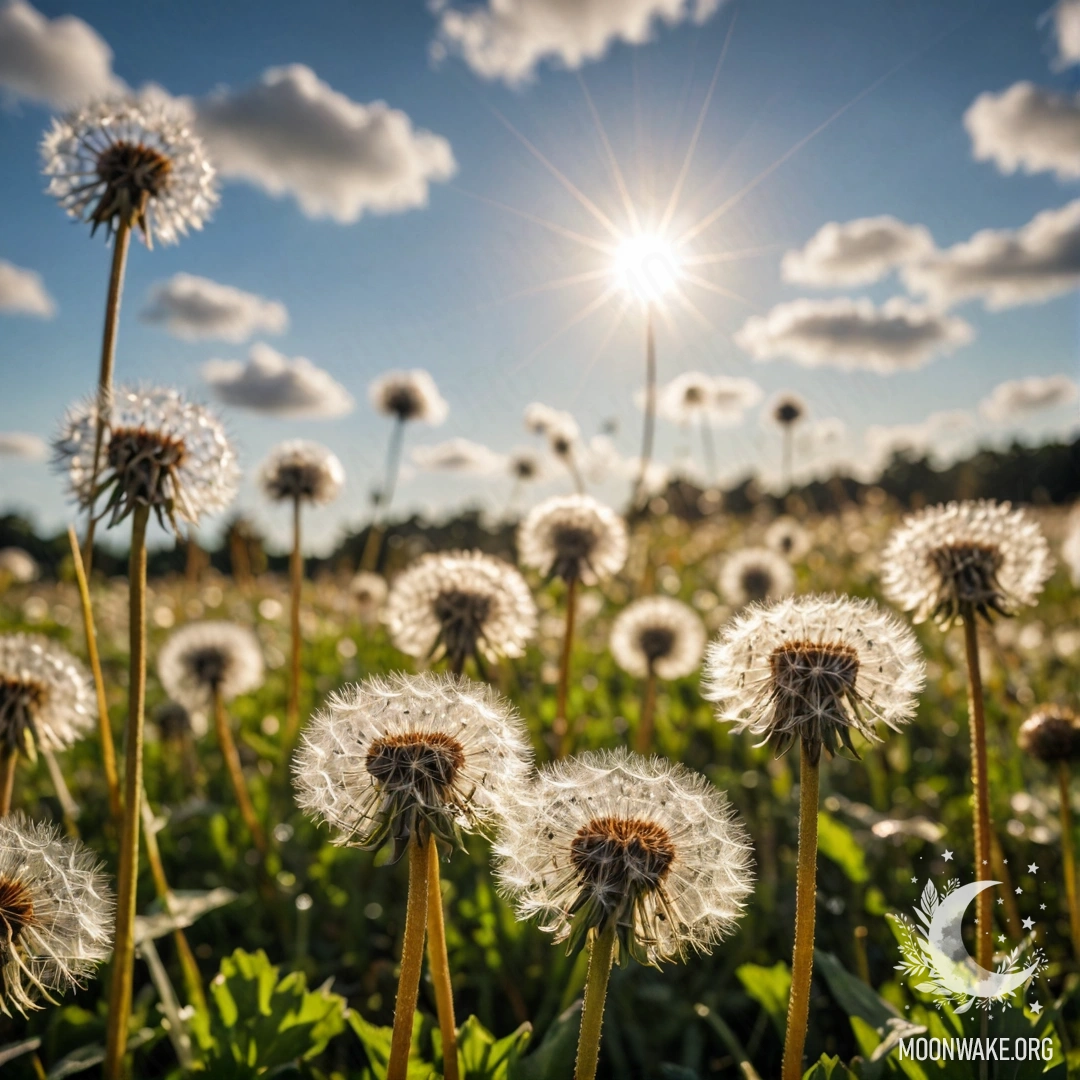 Крупный план одуванчиков на уютном поле с небом в боке и облаками.