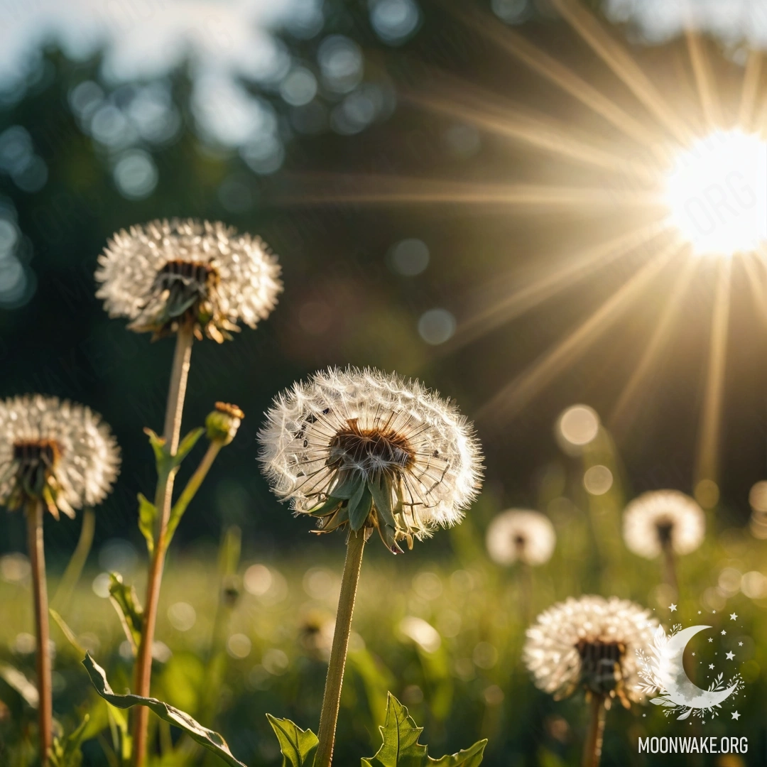 Крупный план одуванчиков на уютном поле с размытым небом и солнечными лучами