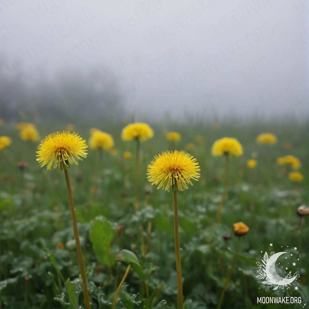 Крупный план одуванчиков на туманном поле на фоне размытого неба с облаками.