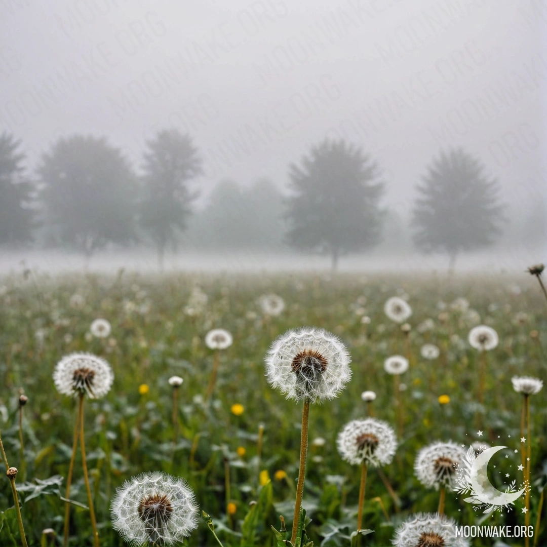 Крупный план одуванчиков в туманном поле на фоне боке-неба.