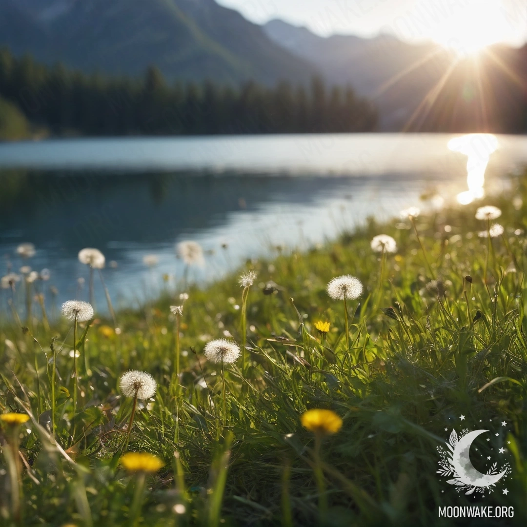 Крупный план одуванчиков на фоне размытого горного озера.