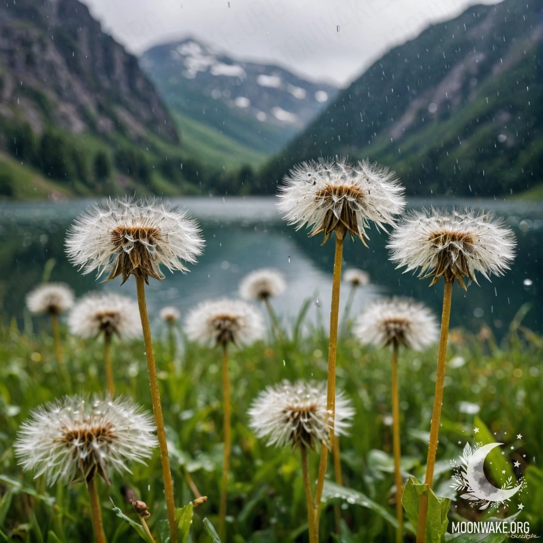 Крупный план одуванчиков в уютном поле на фоне размытого горного озера под дождем.