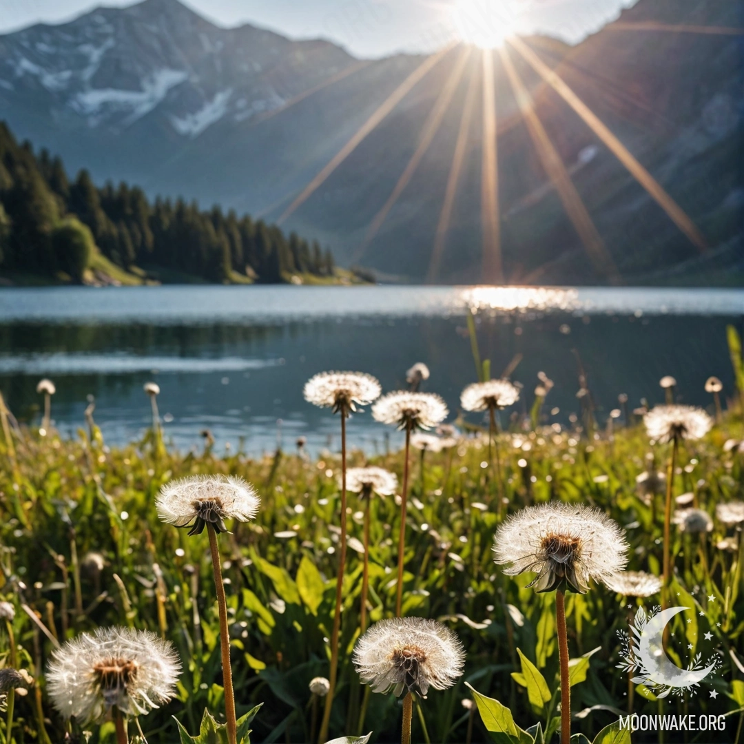 Крупный план одуванчиков на уютном поле с размытого горного озера на фоне и солнечными лучами
