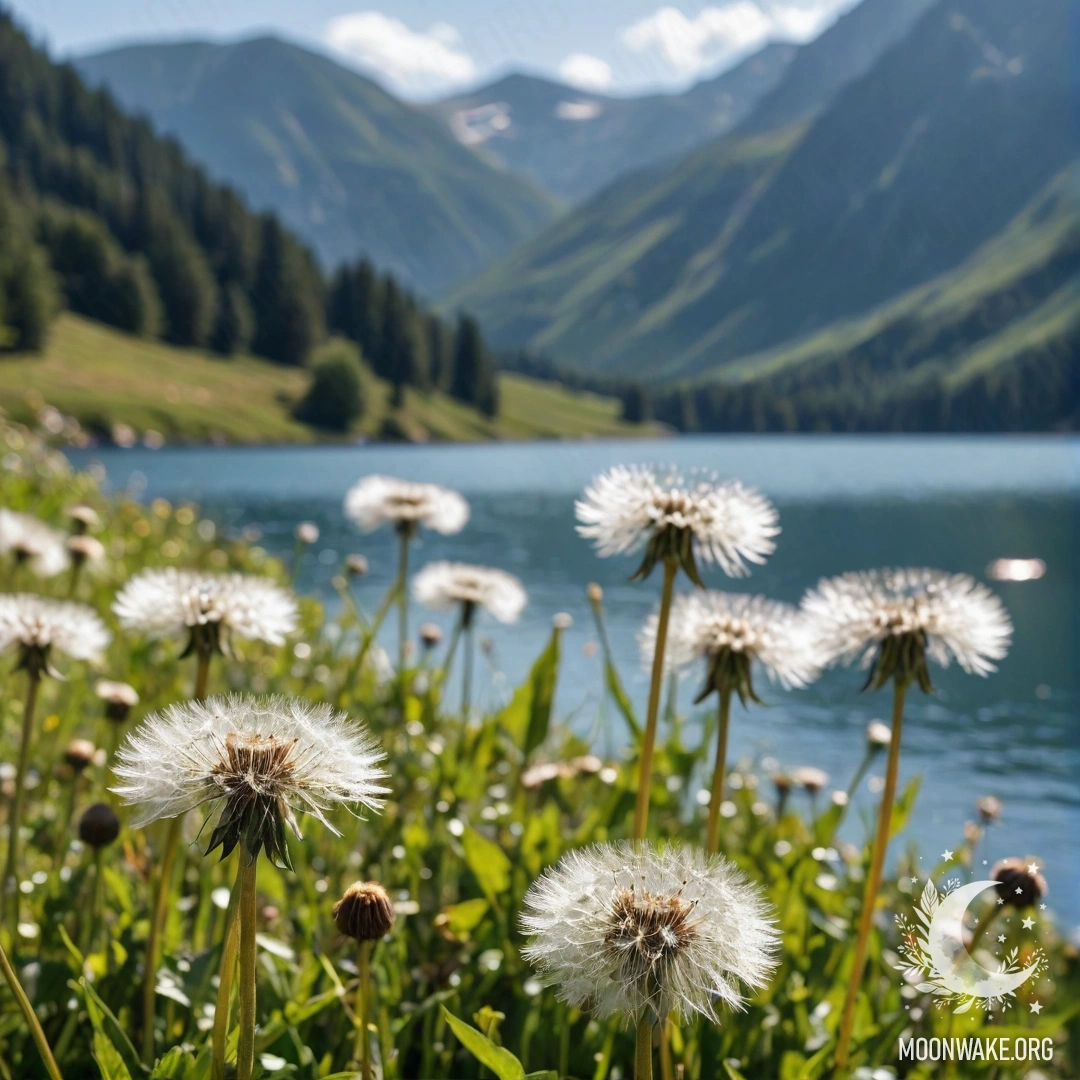 Крупный план одуванчиков на поле с горным озером на заднем плане.