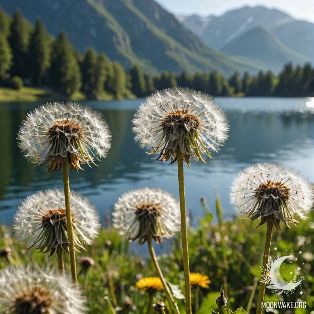 Крупный план одуванчиков на поле с размытым горным озером на заднем плане.