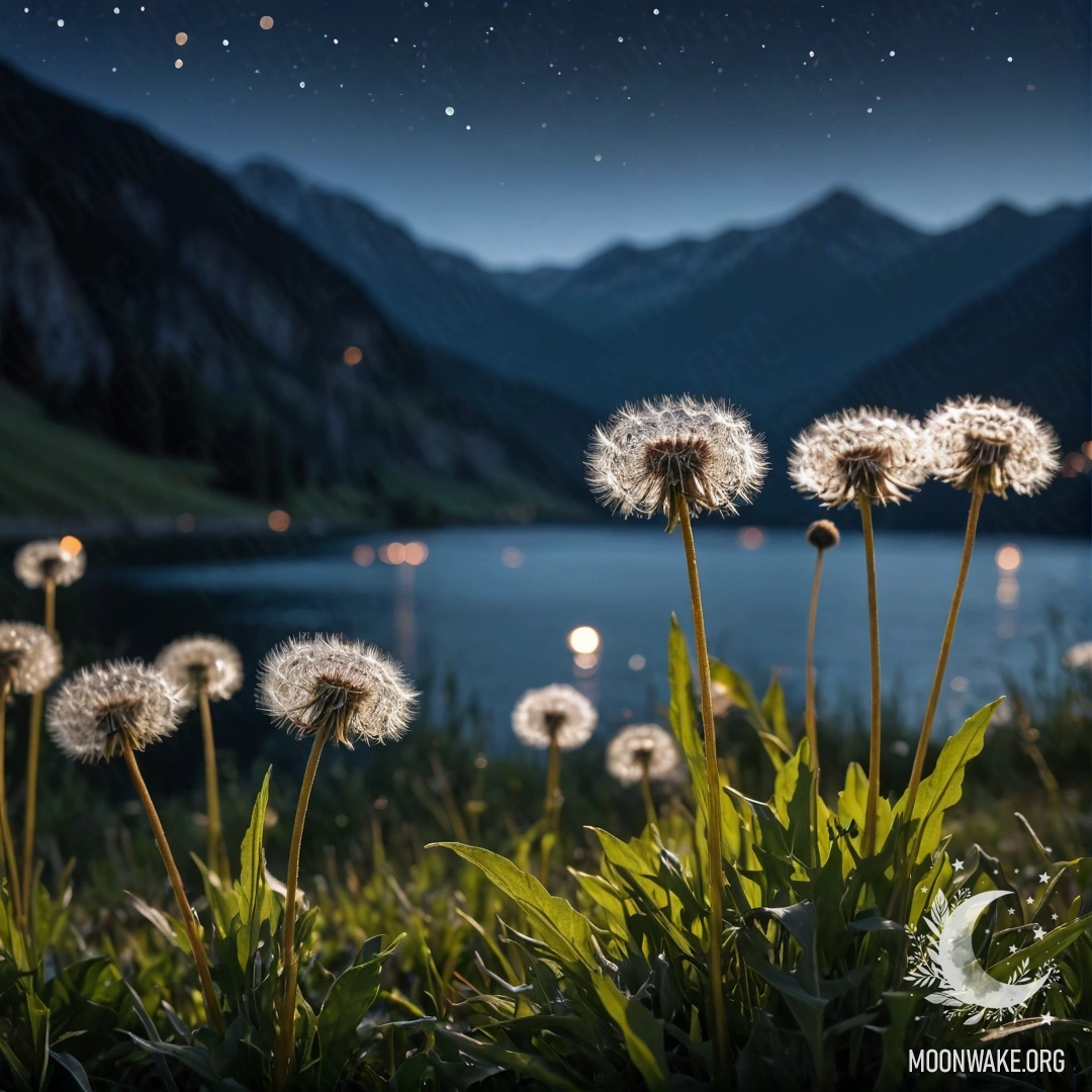 Крупный план одуванчиков на уютном поле на фоне размытого горного озера ночью.