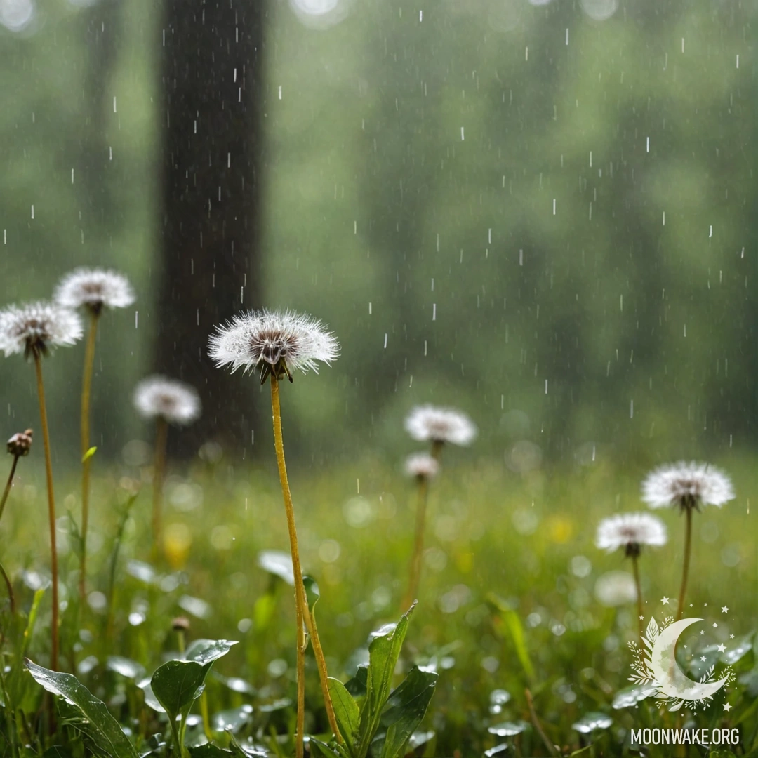 Крупный план одуванчиков на поле с размытым фоном леса под дождём.