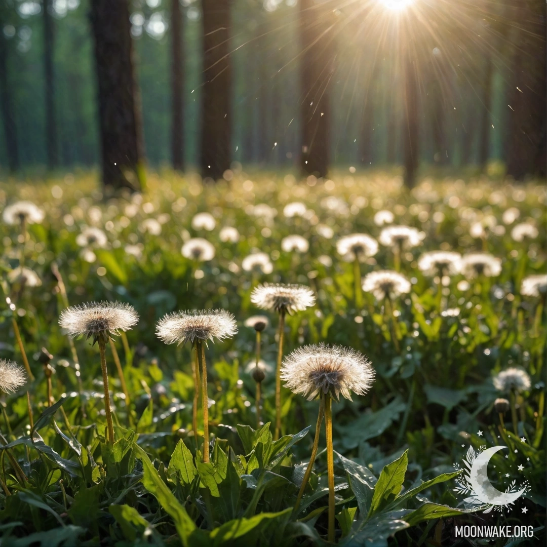 Крупный план одуванчиков на уютном поле с размытым лесом и солнечными лучами