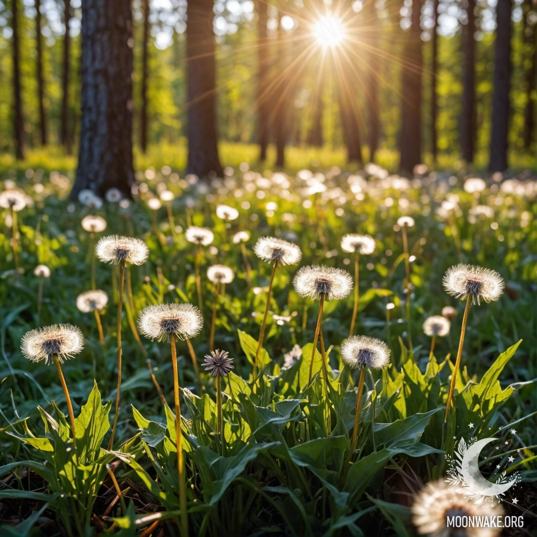 Крупный план одуванчиков на уютном поле с размытым фоном леса и солнечными лучами