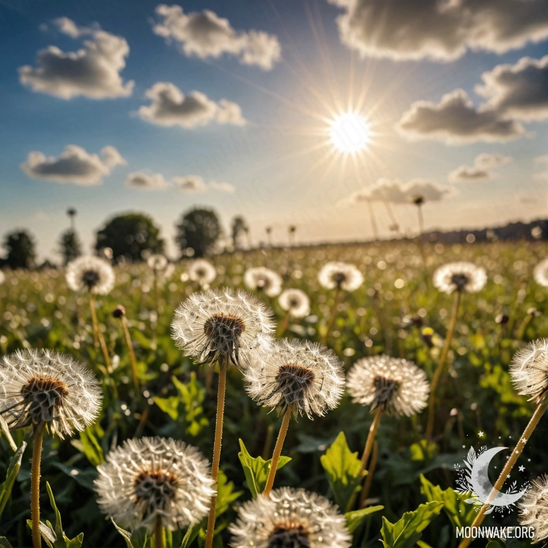 Крупный план одуванчиков на уютном поле на фоне боке неба.