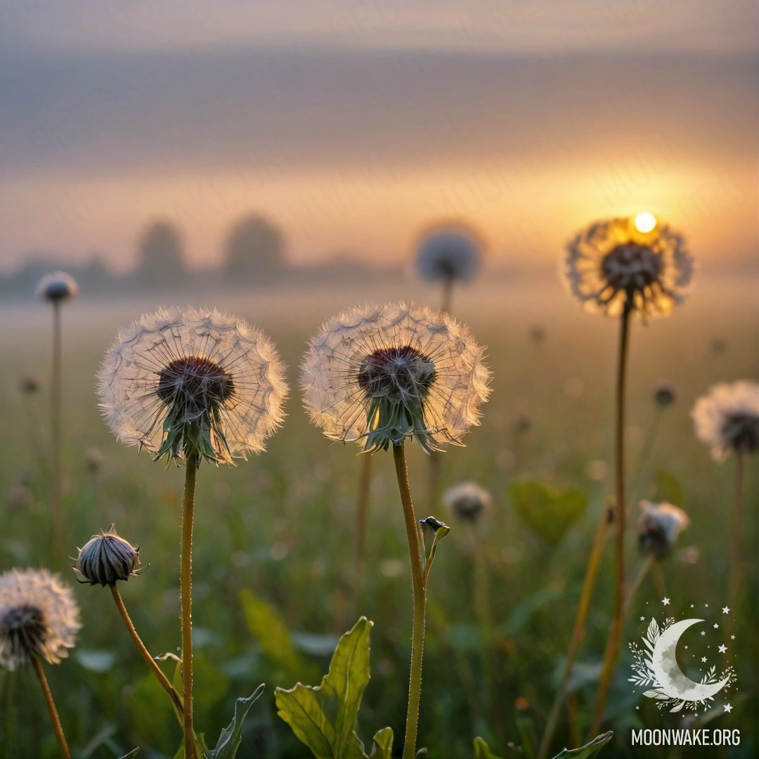 Крупный план одуванчиков на уютном поле с боке заката и густым туманом.
